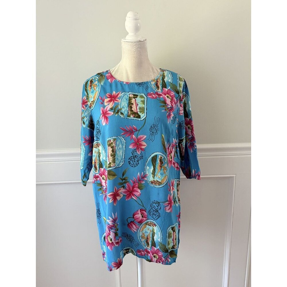 Silx 100% Silk Hawaiian Print Short Sleeve Tunic Top Size M